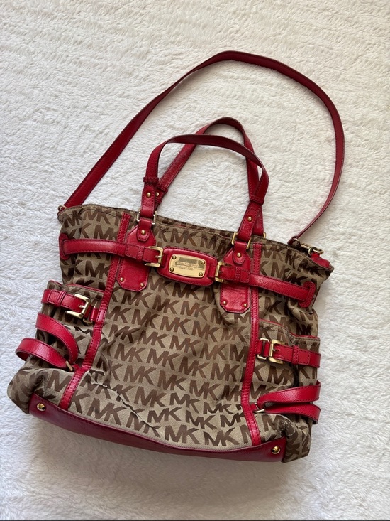Michael Kors Handbags - Michael Kors Red Trim Signature MK Shoulder Bag With Handles